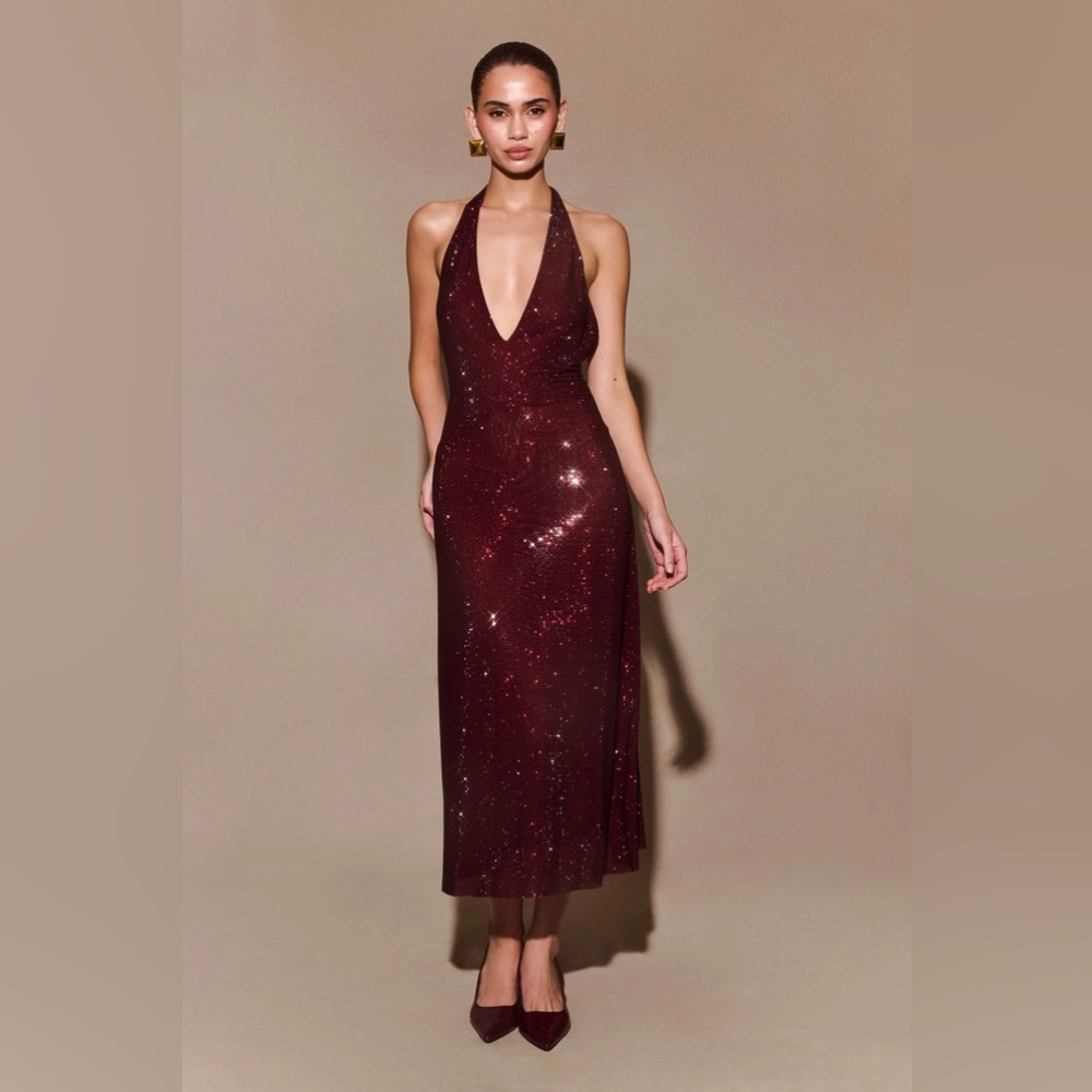 Meshki- Genie Diamante halter midi dress- Mahogany
